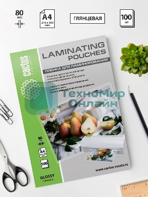 Пленка для ламинирования Cactus 80мкм A4 (100 шт) глянцевая 216x303 мм CS-LPGA480100