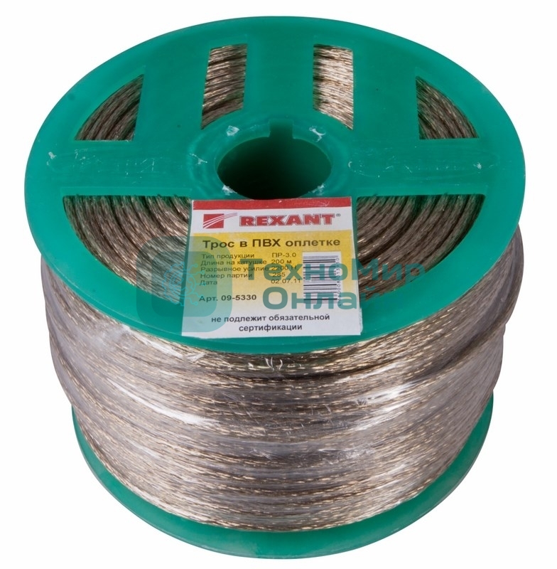Трос стальной в ПВХ оплетке Rexant d=3,0 мм, прозрачный (бухта 200 м)