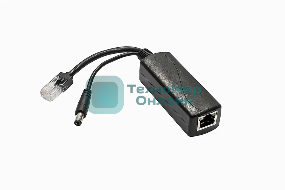 PoE-сплиттер Fast Ethernet. Соответствует стандартам PoE IEEE 802.3af/at. Предназначен для питания оконечных сетевых устройств, не поддерживающих PoE. Порты: вх. - RJ45(10/100 Base-T, IEEE 802.3af/at), вых. - кабель RJ45(10/100 Base-T)/штекер 5.5x2.1мм. Входное напряжение: DC36-57V. Выходное напряжение: DC12V/2A. Встроенная защита от перенапряжения, короткого замыкания. Размеры (ШхВхГ): 80x31x26мм. Длина кабеля - 12см. Рабочая температура -25...+75°C.