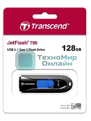 Флешка USB Transcend JetFlash 790 (TS128GJF790K), 128Gb, USB 3.0, R/W 90/40, черный/синий