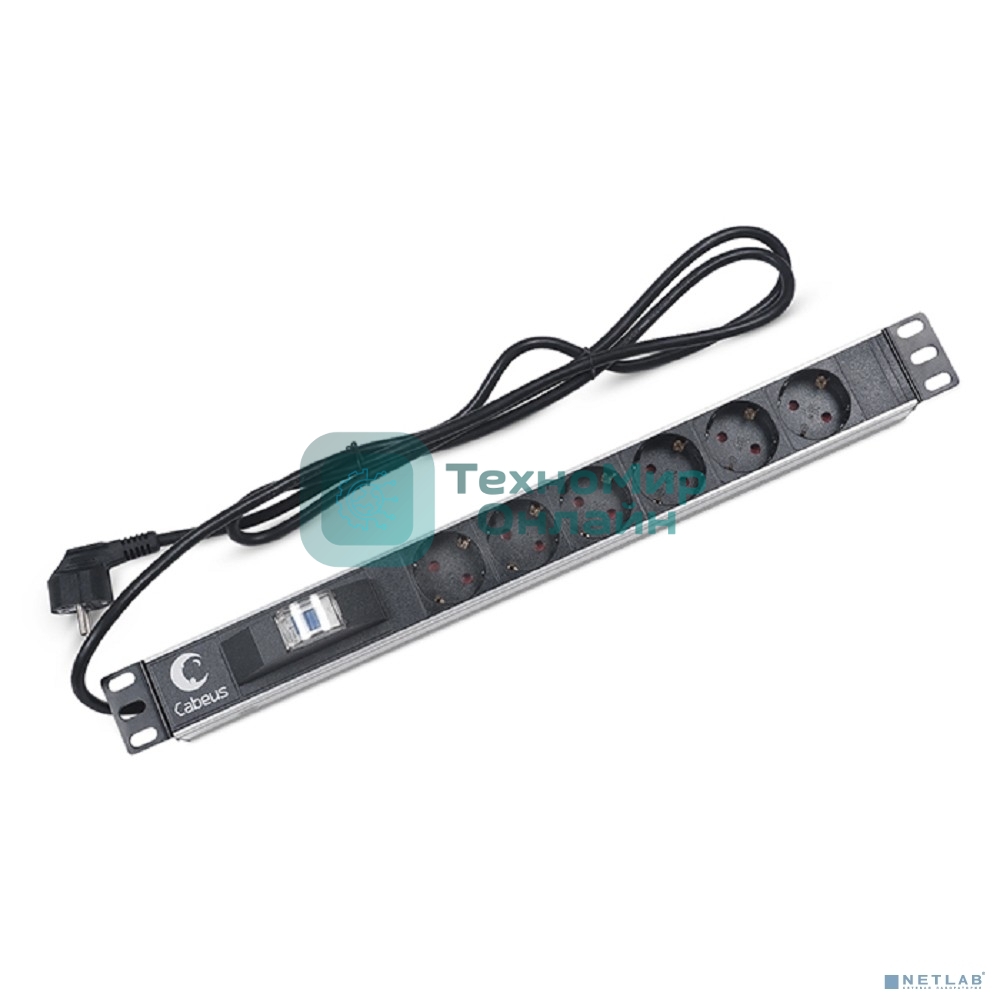 Блок силовых розеток Cabeus, Shuko х 6, вход Schuko, для шкафов, шнур 2 м, 50х490х50 мм (ВхШхГ), 16А, автомат, черный