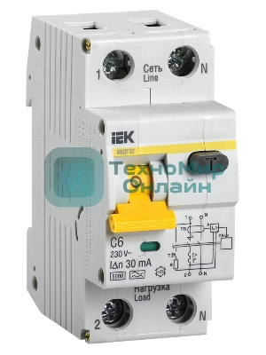 Выключатель автоматический дифференциального тока 2п (1P+N) C 6А 30мА тип A 6кА АВДТ-32 IEK MAD22-5-006-C-30