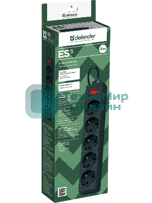 Сетевой фильтр Defender ES, 5.0 м, 5 розеток, черный