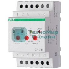 Реле напряжения CP-731 (трехфазный; микропроцессорный; контроль верхнего и нижнего значений напряжения; контроль ассиметрии; чередования фаз; монтаж на DIN-рейке 35мм 3х400/230+N 2х8А 1Z 1R IP20) F&F EA04.009.005