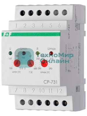 Реле напряжения CP-731 (трехфазный; микропроцессорный; контроль верхнего и нижнего значений напряжения; контроль ассиметрии; чередования фаз; монтаж на DIN-рейке 35мм 3х400/230+N 2х8А 1Z 1R IP20) F&F EA04.009.005