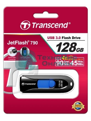 Флешка USB Transcend JetFlash 790 (TS128GJF790K), 128Gb, USB 3.0, R/W 90/40, черный/синий