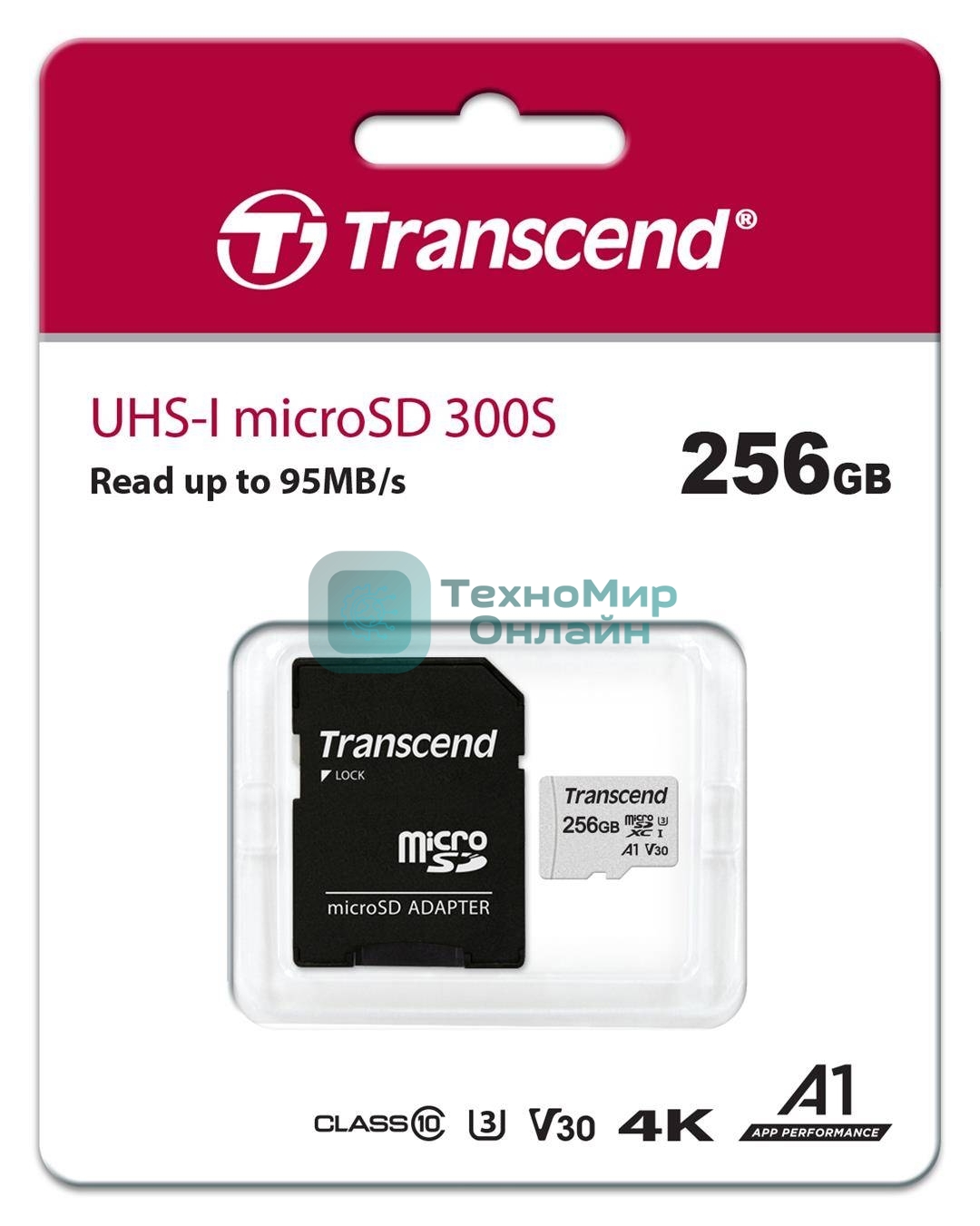 Флеш карта microSD 256Gb Transcend microSDXC Class 10 UHS-I U3, V30, A1, (SD адаптер), TLC
