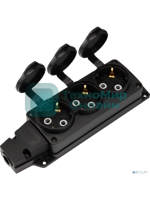 Розетка (колодка) Rexant влагозащищенная с крышкой 3 гнезда COMPACT, с/з, 16А, IP54, каучук, черный