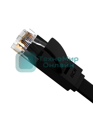 Патч-корд Greenconnect PROF плоский прямой 10.0m, UTP медь cat.6, черный, позолоченные контакты, 30 AWG, GCR-LNC616-10.0m, ethernet high speed 10 Гбит/с, RJ45, T568B