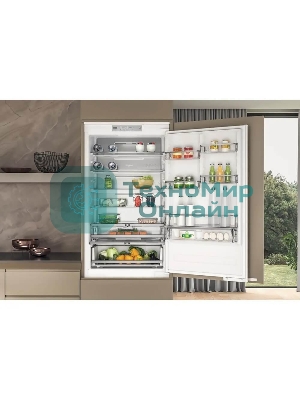Холодильник встраиваемый Whirlpool WHSP70T241P 70 см, 193.5х54.3х69 см, 295/95 л, инверторный компрессор, автоматическая разморозка, зона свежести влажная, сенсорное управление, технология 6 SMYSL FreshControl, MultiFlow, FreezeControl, перенавешиваемые дверцы, скользящие направляющие, Италия