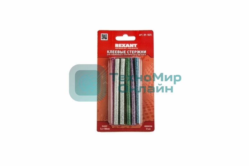 Клеевые стержни Rexant, Ø7 мм, 100 мм, цветные с блестками, 12 шт., блистер