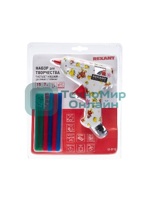 Клеевой пистолет Rexant, 15 Вт, Ø7 мм + набор цветных стержней 12 шт, блистер