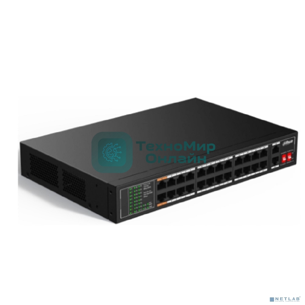 Коммутатор настраиваемый 26-портовый с РоЕ Dahua DH-SF1026LP, 24xRJ45 100Mb PoE, 2xRJ45 1Gb uplink, суммарно 190Вт, коммутация 8.8 Гбит/с, MAC-таблица 8K, металл