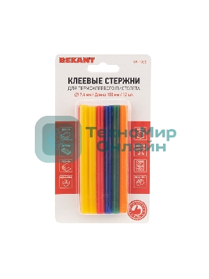 Клеевые стержни Rexant, Ø7 мм, 100 мм, цветные, 12 шт., блистер