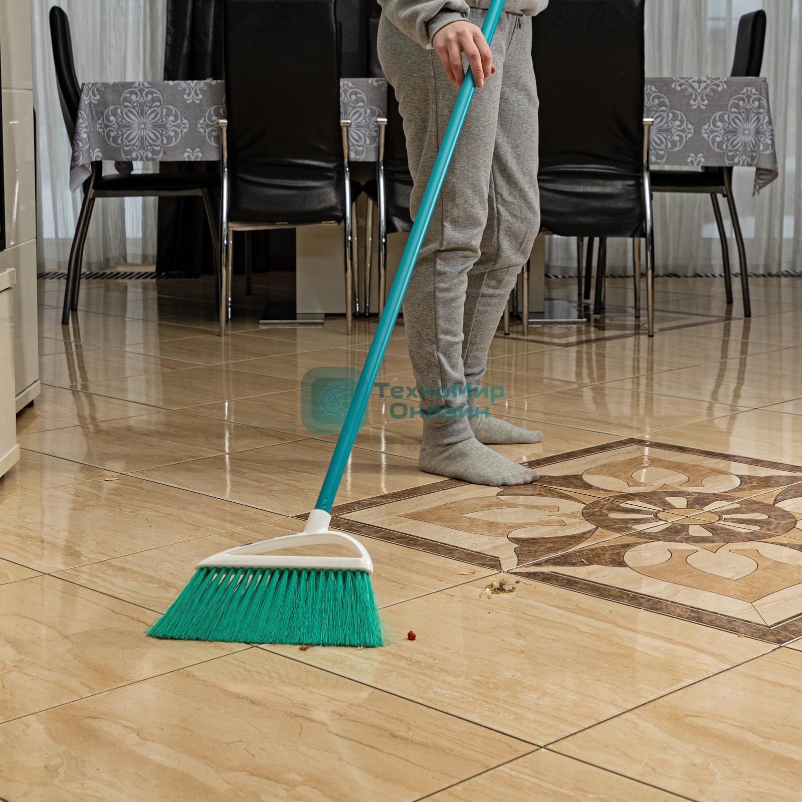 Щетка Home Palisad пластмасс. для подмет. пола, премиум, 23 см, c черенком, 120 см, бирюз. щетина