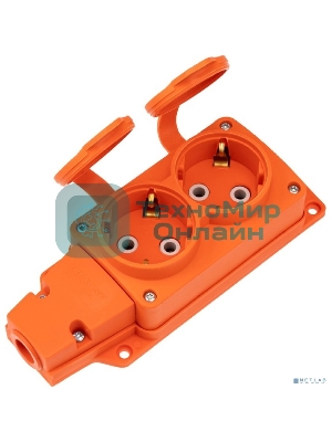 Розетка (колодка) Rexant влагозащищенная с крышкой 2 гнезда COMPACT, с/з, 16А, IP54, каучук, оранжевый