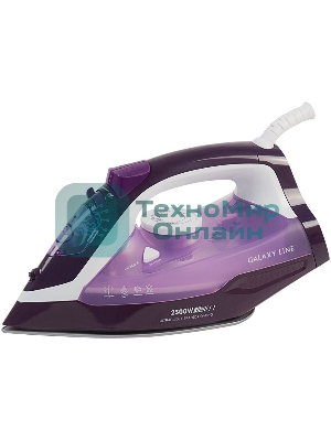 Утюг Galaxy Line GL 6124, фиолетовый с белым, паровой, 2500 Вт, постоянный пар 50 г/мин, паровой удар 230 г/мин, функции: самоочистка, антикапля, антинакипь, функция увлажнения, вертикальное отпаривание, защита от перегрева, индикатор нагрева, керамическое покрытие подошвы, резервуар для воды 370 мл