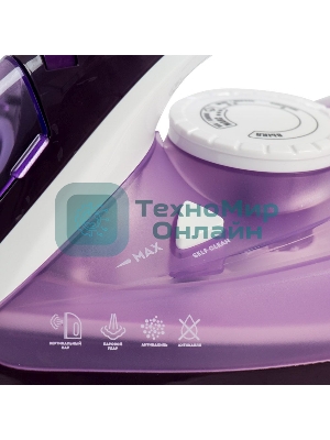 Утюг Galaxy Line GL 6124, фиолетовый с белым, паровой, 2500 Вт, постоянный пар 50 г/мин, паровой удар 230 г/мин, функции: самоочистка, антикапля, антинакипь, функция увлажнения, вертикальное отпаривание, защита от перегрева, индикатор нагрева, керамическое покрытие подошвы, резервуар для воды 370 мл