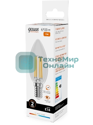 Лампа светодиодная филаментная Gauss Filament 10Вт цок.: E14 свеча св. свеч. бел. теп. (упак.: 10 шт)