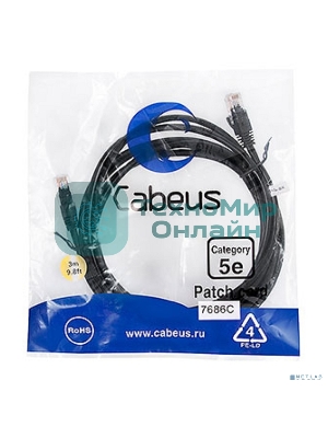 Шнур комм. Cabeus, Cat.5e, неэкр., U/UTP, RJ45/RJ45, PVC, AWG24, 3м, черный