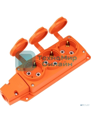 Розетка (колодка) Rexant влагозащищенная с крышкой 3 гнезда COMPACT, с/з, 16А, IP54, каучук, оранжевый