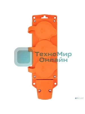 Розетка (колодка) Rexant влагозащищенная с крышкой 3 гнезда COMPACT, с/з, 16А, IP54, каучук, оранжевый