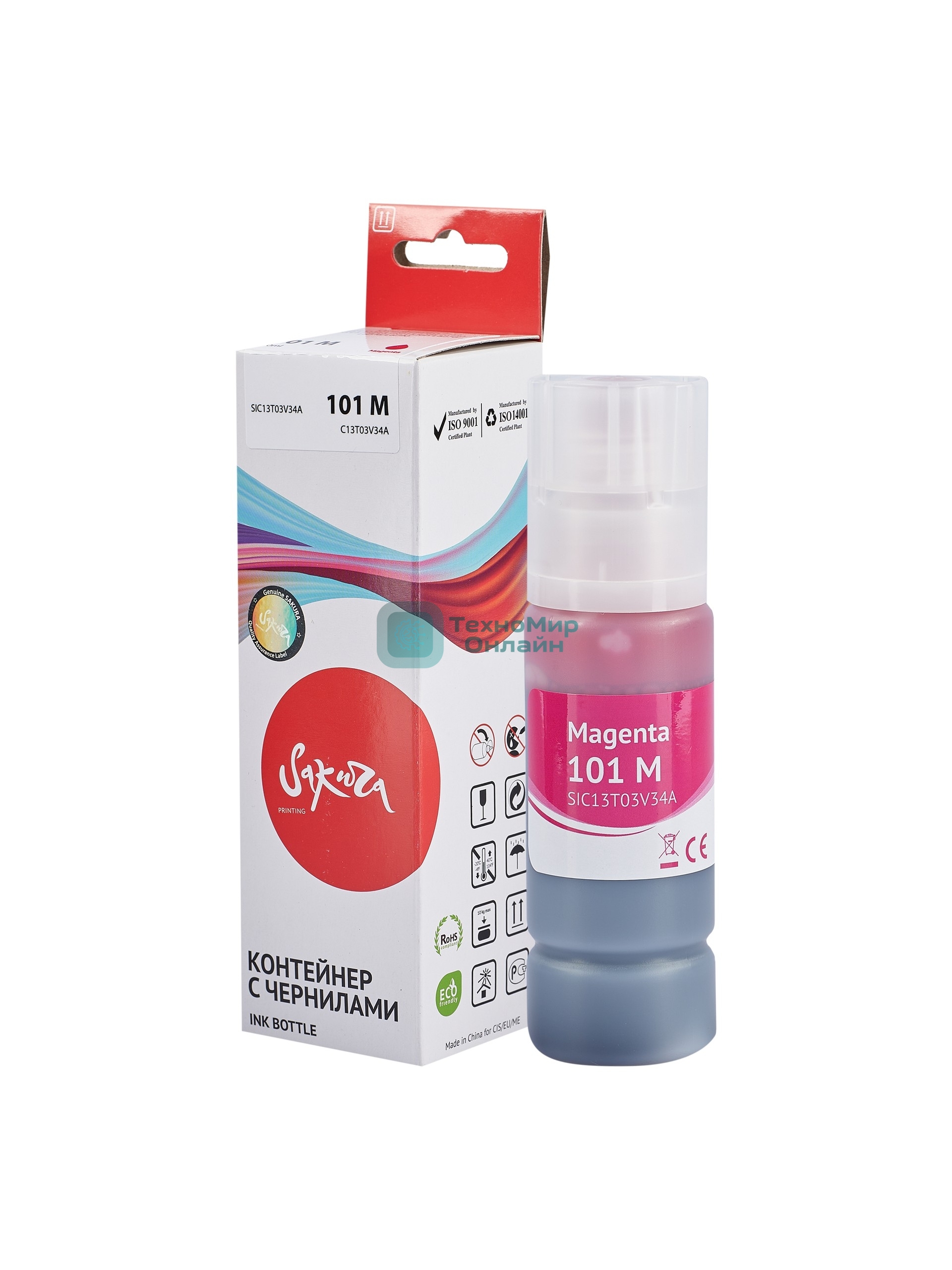 Контейнер с чернилами Sakura C13T03V34A (101 M) для Epson, водорастворимый тип, пурпурный, 6000 к., 70 мл.