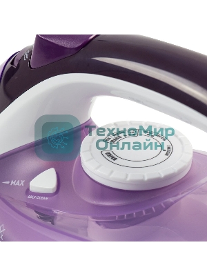 Утюг Galaxy Line GL 6124, фиолетовый с белым, паровой, 2500 Вт, постоянный пар 50 г/мин, паровой удар 230 г/мин, функции: самоочистка, антикапля, антинакипь, функция увлажнения, вертикальное отпаривание, защита от перегрева, индикатор нагрева, керамическое покрытие подошвы, резервуар для воды 370 мл