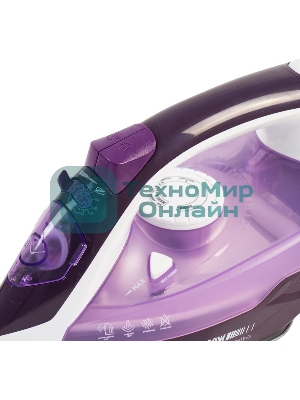 Утюг Galaxy Line GL 6124, фиолетовый с белым, паровой, 2500 Вт, постоянный пар 50 г/мин, паровой удар 230 г/мин, функции: самоочистка, антикапля, антинакипь, функция увлажнения, вертикальное отпаривание, защита от перегрева, индикатор нагрева, керамическое покрытие подошвы, резервуар для воды 370 мл