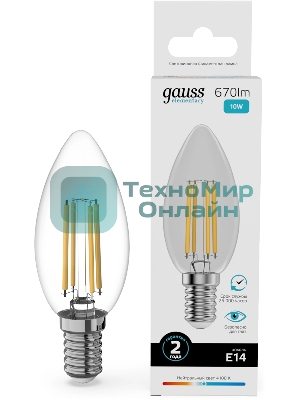 Лампа филам. Gauss Filament 10Вт цок.:E14 свеча св.свеч.бел.нейт. (упак.:10шт) (32120)