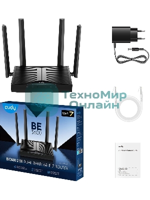 Маршрутизатор Cudy BE3600 2.5G Dual Band Wi-Fi 7 Mesh Router, Chipset Broadcom, 802.11be/ax/ac/a/b/g/n, 2882Mbps at 5GHz + 688Mbps at 2.4GHz, 1 x 2.5Gbps WAN Port, 4 x 10/100/1000Mbps Ports, 4 x 5dBi fixed antennas, WiFi router/AP/Repeater/WISP Mode, PPTP/L2TP/OpenVPN/WireGuard, MLO, MU-MIMO, Guest network, WPS, DDNS, IPv6, IPTV, WOL, WPA3, TR069/TR098/TR111/TR181, Cudy APP