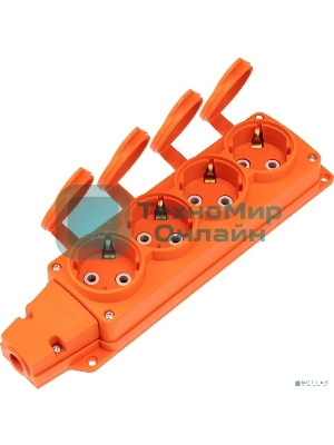 Розетка (колодка) Rexant влагозащищенная с крышкой 4 гнезда COMPACT, с/з, 16А, IP54, каучук, оранжевый