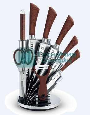 Набор кухонных ножей Kelli KL-2127 метал на подставке Высококачественная сталь 9 предметов: Топорик кухонный 16 см, Нож поварской 20 см, Нож хлебный 20 см, Нож для резки 12 см, Нож овощной 9 см, Точилка, Ножницы Овощечистка с керамическим лезвиемОстрая режущая кромка Легкая заточка Удобные ручки Восхитительный дизайн Практичная подставка