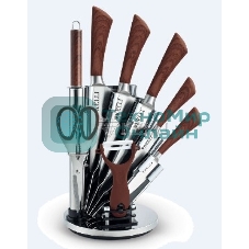 Набор кухонных ножей Kelli KL-2127 метал на подставке Высококачественная сталь 9 предметов: Топорик кухонный 16 см, Нож поварской 20 см, Нож хлебный 20 см, Нож для резки 12 см, Нож овощной 9 см, Точилка, Ножницы Овощечистка с керамическим лезвиемОстрая режущая кромка Легкая заточка Удобные ручки Восхитительный дизайн Практичная подставка