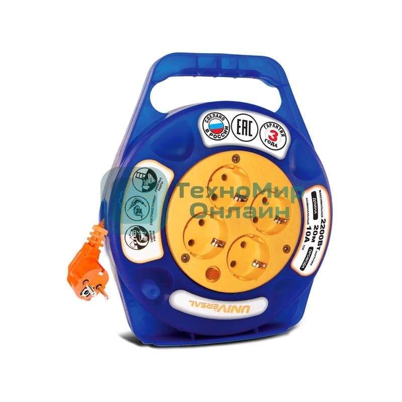 Удлинитель 4х10 м с заземл. 10А IP20 У10-015 термо ПВС 3х0.75 в закрытом корпусе защ. шторки UNIVersal 1671