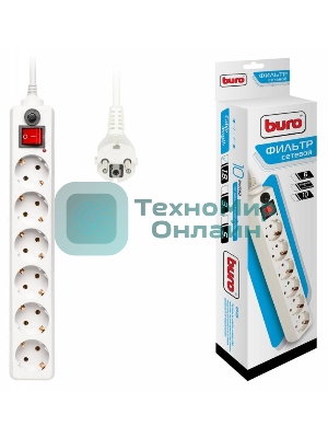 Сетевой фильтр Buro 600SH-1.8-W 1.8 м, 6 розеток, белый, коробка
