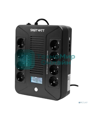 Источник бесперебойного питания SMARTWATT UPS SAFE PRO LCD 800 черный 800/480 ВА/Вт, напольный/настенный, линейно-интерактивный, LCD дисплей, Shuko CEE7/4 - 8 шт. (4 шт. с резервным питанием, 4 шт. - сетевой фильтр)