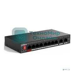 Коммутатор гигабитный 10-портовый неуправляемый c PoE Dahua DH-SG1010P, 8xRJ45 1Gb PoE, 2xRJ45 1Gb uplink, суммарно 96Вт, коммутация 20 Гбит/с, MAC-таблица 4K, металл