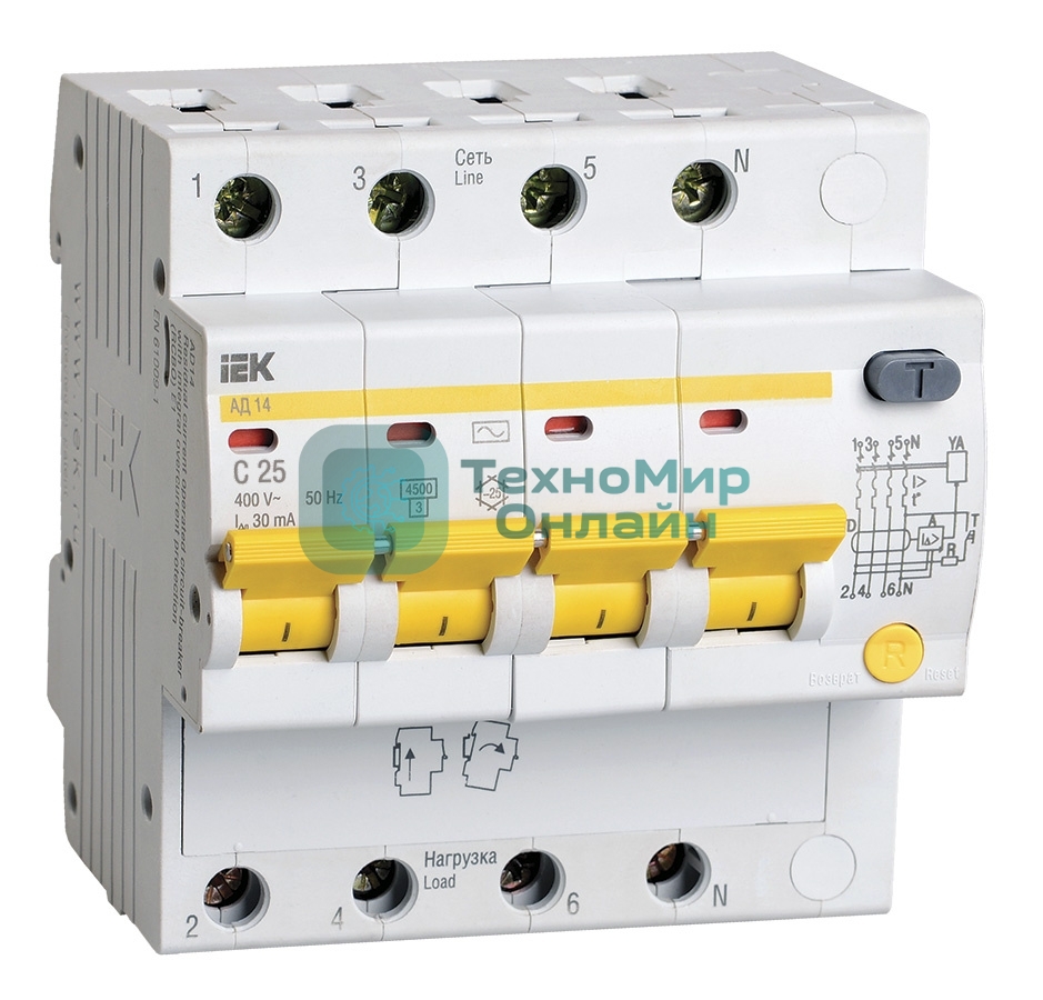 Выключатель автоматический дифференциального тока IEK MAD10-4-025-C-030 АД14 4Р 25А30мА IEK