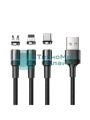 Кабель USB Rexant 3в1 со съемными магнитными портами, Type-С (2A), Lightning (2,4A), Micro USB (2A), 1,2м, в черной оплетке, с LED подсветкой