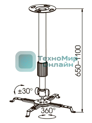 Крепление потолочное Kromax PROJECTOR-300 белый для проектора, 2 ст свободы, наклон 30°, вращение на 360°, от потолка 650-1100 мм, нагрузка до 10 кг