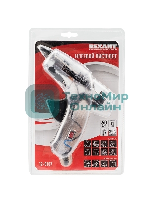 Пистолет клеевой Rexant, 60 Вт, Ø11 мм, ПРОЗРАЧНЫЙ корпус, с кнопкой, блистер