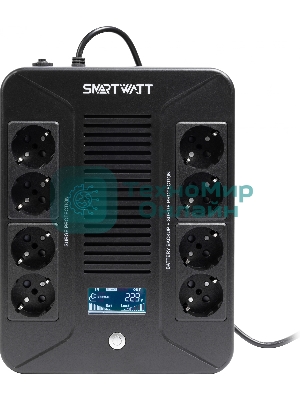 Источник бесперебойного питания SMARTWATT UPS SAFE PRO LCD 800 черный 800/480 ВА/Вт, напольный/настенный, линейно-интерактивный, LCD дисплей, Shuko CEE7/4 - 8 шт. (4 шт. с резервным питанием, 4 шт. - сетевой фильтр)