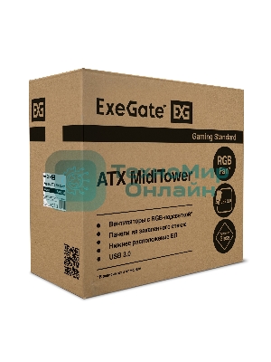 Компьютерный корпус Miditower ExeGate EVO-8243-NPX600 (ATX, БП 600NPX с вент 12 см, 2хUSB+1хUSB 3.0, черный, 3 вент. с RGb подсветкой, боковая панель - закаленное стекло)