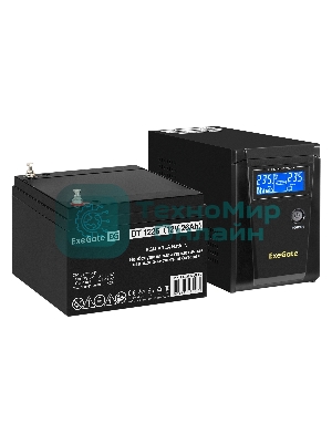 Комплект источника бесперебойного питания Exegate EX295986RUS + батарея 26Aч EX282970RUS 1шт (инвертор, синус, для котла) ExeGate SineTower SZ-600.LCD.AVR.1SH <600VA/360W, чистый синусоида, LCD дисплей, AVR, 1*Schuko, линейно-интерактивный, Black> + батарея ExeGate DT 1226 (12В, 26Ач) 1шт
