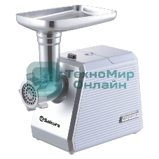 Мясорубка электрическая Sakura SA-6424W белый, 2000 Вт, 3.0 кг/мин, реверс, защита от перегрузки, металлический лоток, насадки - 4
