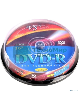 Диск DVD-R VS 4.7 Gb, 16x, Cake Box (10), Ink Printable (10/200)
