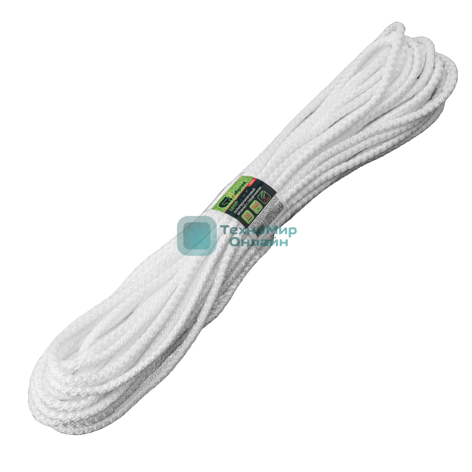 Шнур вязаный полипропиленовый Сибртех с сердечником, 7 мм, L20 м, 320 кгс, белый
