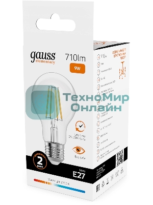 Лампа светодиодная филаментная Gauss Filament 9Вт цок.: E27 груша св. свеч. бел. теп. (упак.: 10 шт)