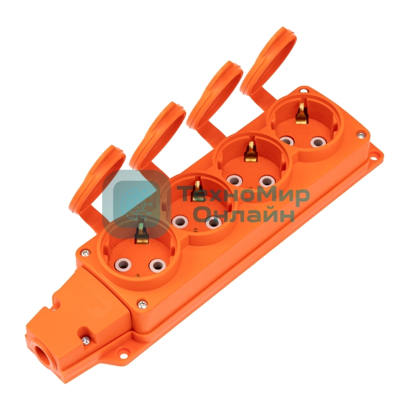 Розетка (колодка) Rexant влагозащищенная с крышкой 4 гнезда COMPACT, с/з, 16А, IP54, каучук, оранжевый